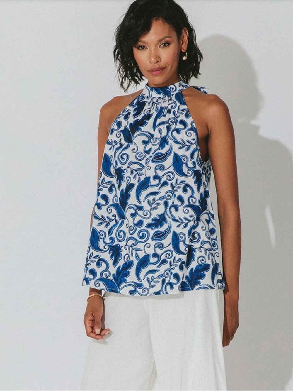 Cleobella Azulejo Blue & Whit Ryla Paisley Tie Neck Organic‎ Cotton Top NWT Sz L